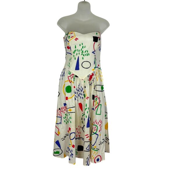Vintage 1980s WALDEN CLASSICS Awesome Geometric Mod Basque Waist Strapless Dress - Picture 1 of 9